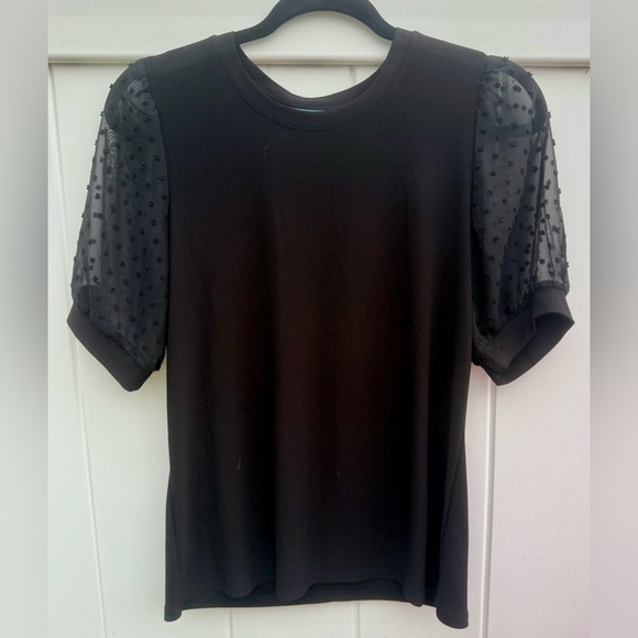 CeCe Black Short Sleeve Top W/See Through Polka Dot Pattern On Sleeves, Small - Picture 4 of 5